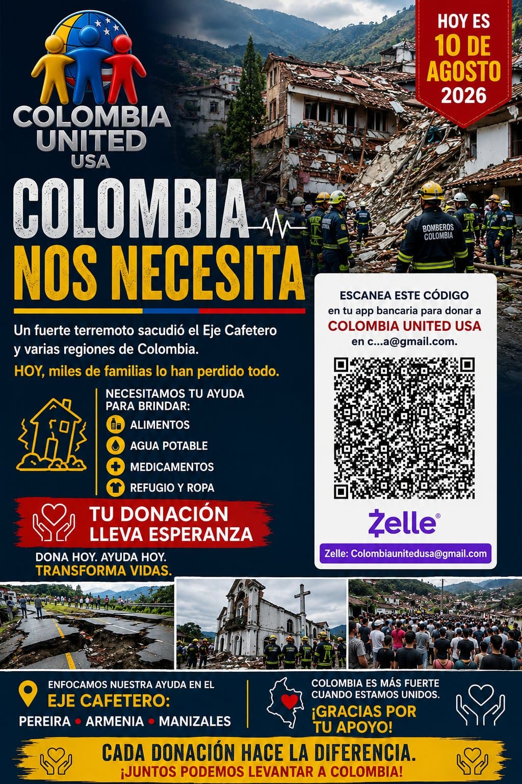 Volante de Colombia United USA: Colombia Nos Necesita, terremoto en el Eje Cafetero, cómo donar por Zelle